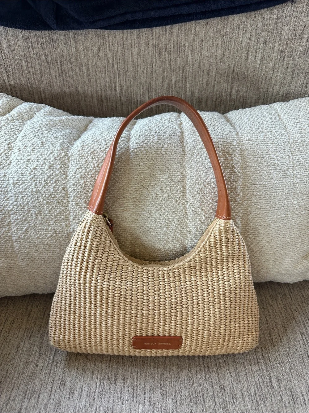 Mansur Gavriel Mini Cindy bag Woven Straw Shoulder Bag in Natural Tan Handles